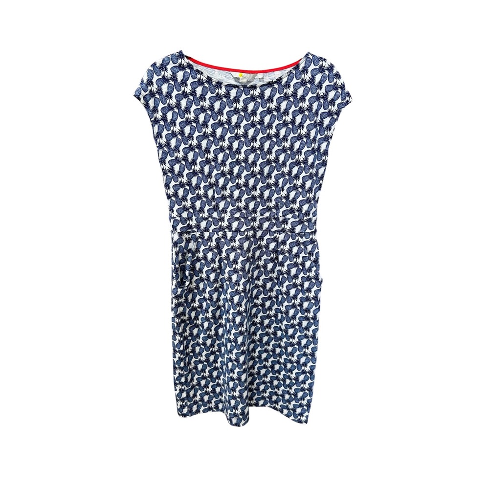 Boden Womens Blue White Pineapple Print Jersey Dress Size 8 Red Trim Pockets